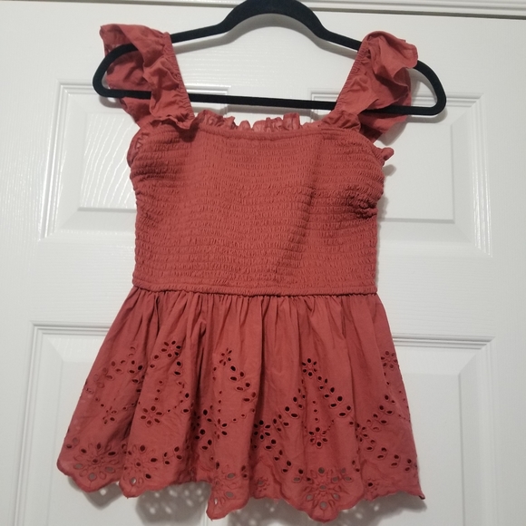 Anthropologie Tops - Japna - Anthro - Dark Mauve/Rust Smocked Ruffle Eyelet Top - Size Small